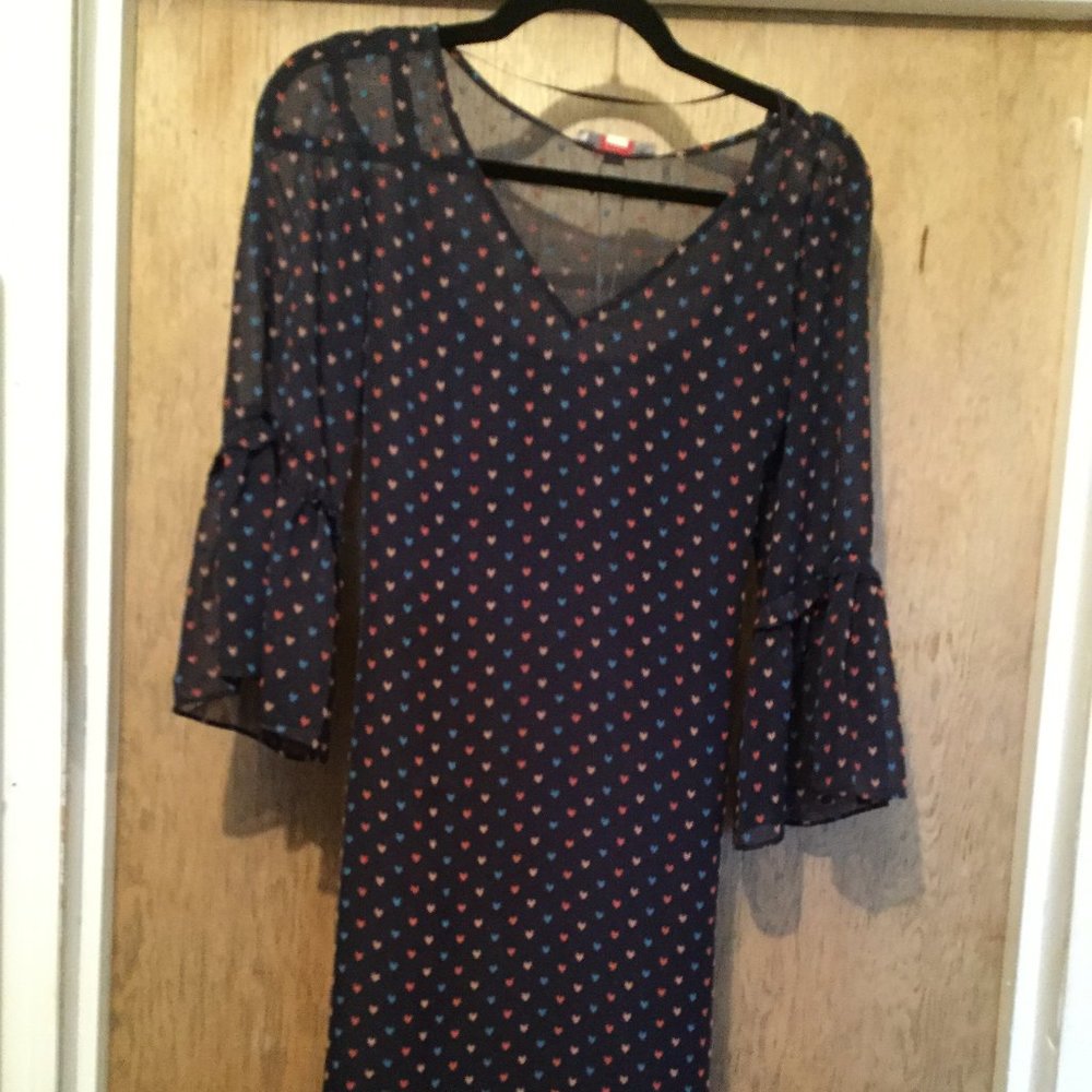 NWT Esprit Dress navy with multi colored hearts size 6 sheer top layer has slip